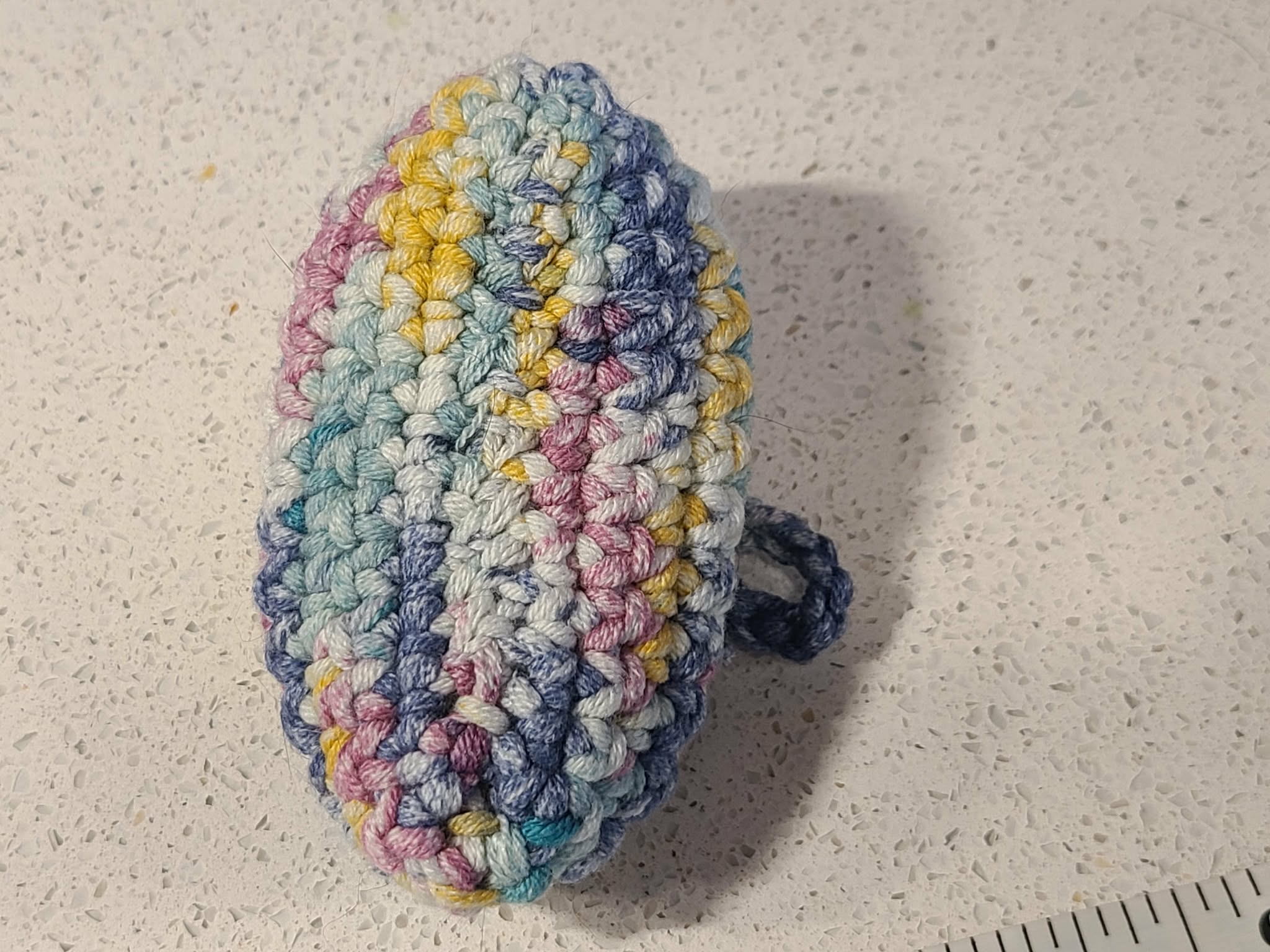 Multicolored crocheted bootie bottom view 