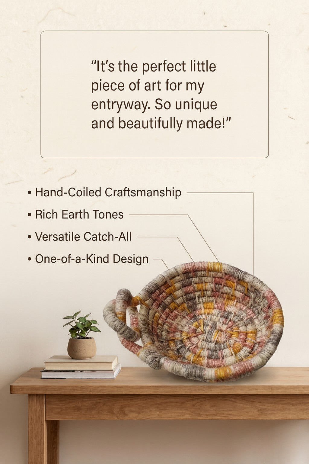 Decorative woven basket on a wooden surface with text highlighting its features.
